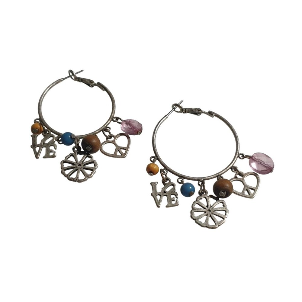 Vintage Hoop Earrings Charms Love Heart Flower Peace Beaded Multicolor Boho